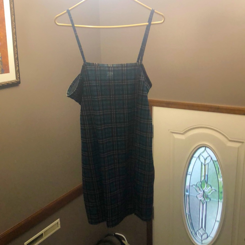 Teal black and white plaid strap dress